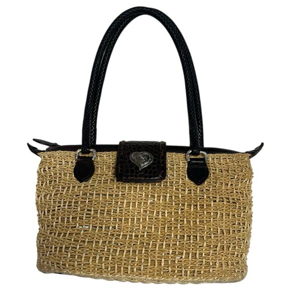 VTG Brighton Purse Brown Leather Straw Woven Double Handle Heart Boho 90s Y2K - Picture 15 of 16